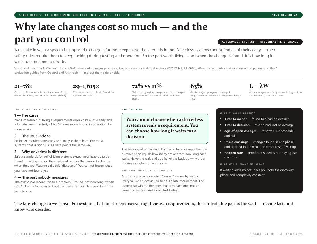 Page one of the handout: five headline numbers, the story in four steps, the one idea, and the five measures of change-decision latency